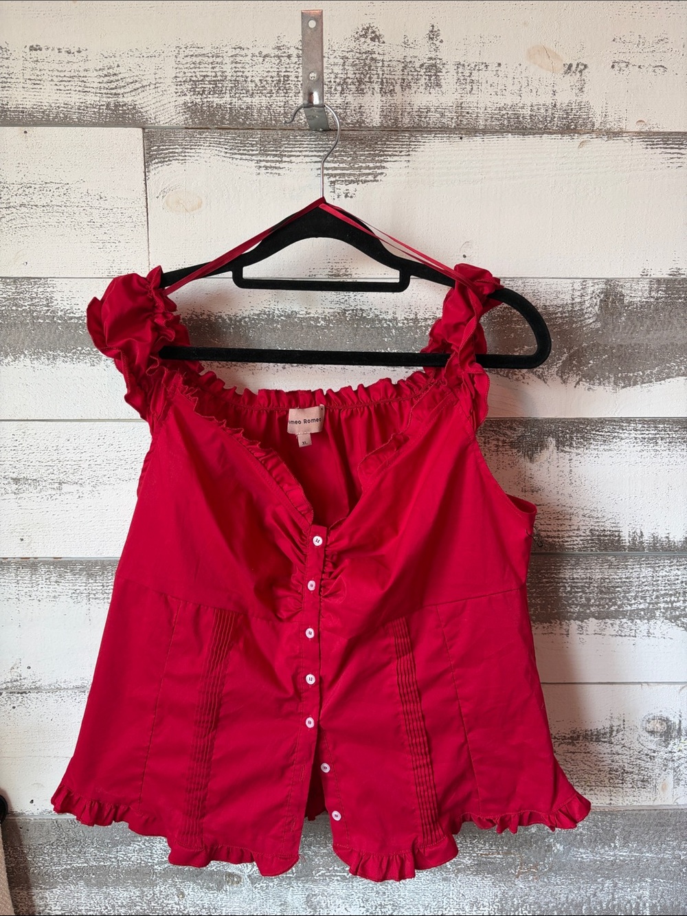 Sleeveless Ruffle-Trim Button Front Top in Vibrant Red
